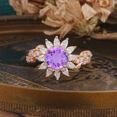 Nature-Inspired Sunflower 4-Prong Round Cut Amethyst Engagement Ring